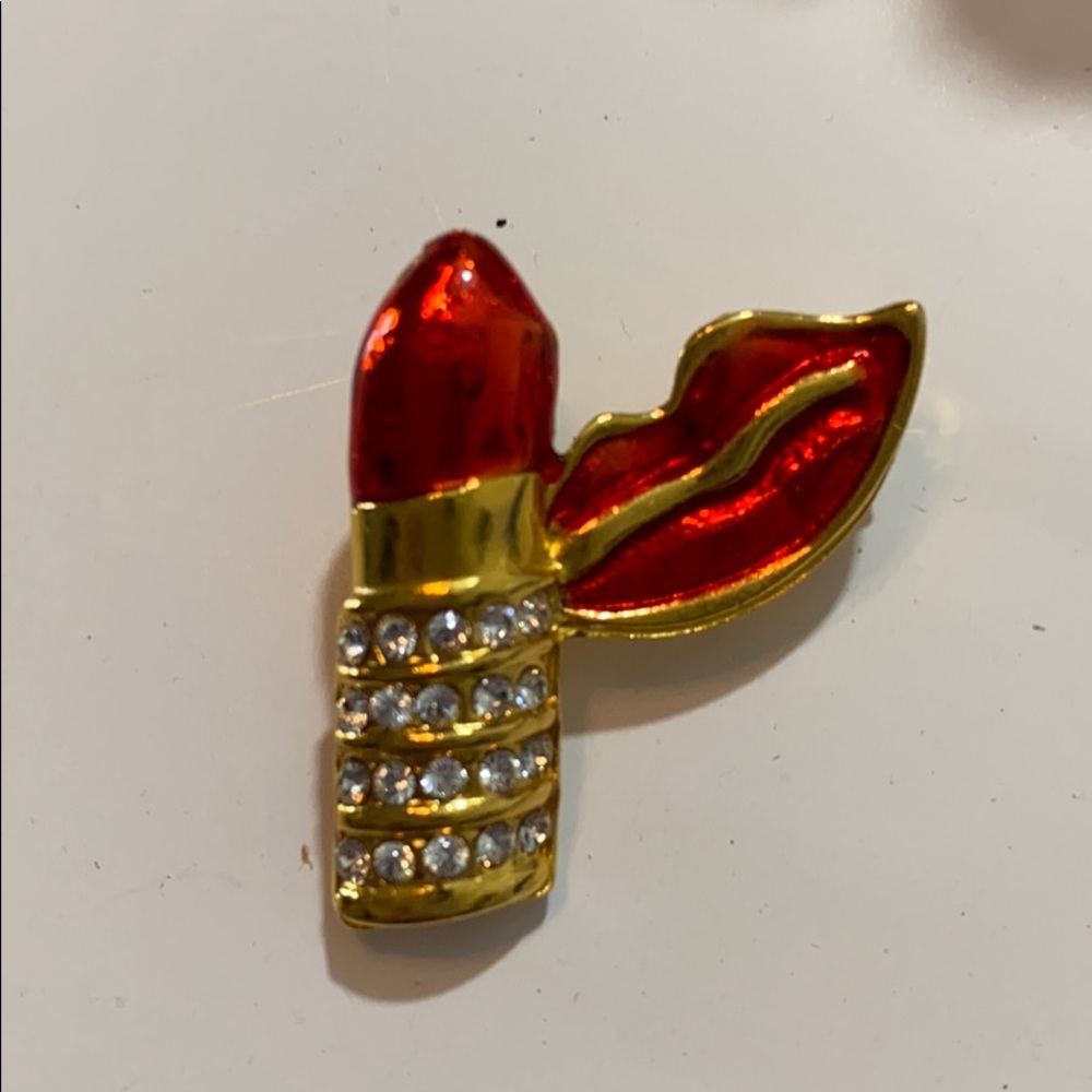 Gold and Red Lipstick and Lips Pin Vintage - Picture 2 of 4